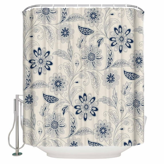 Abstract Ethnic Flower Bathroom Shower Curtains with Hooks, Vintage Blue Pattern Waterproof Fabric Washable Shower Curtain for Home Hotel Bathtub Decor 72x72 Inch