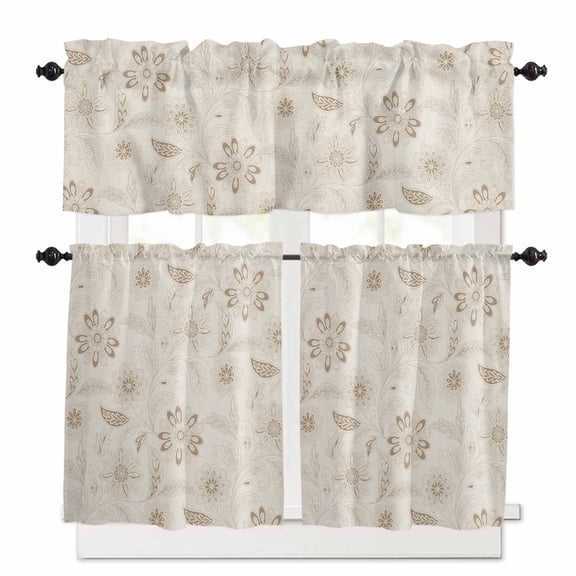 Abstract Ethnic Flower Kitchen Curtains Valances and Tiers Set of 3, 24 Inch Length Tier Curtains and Valance Rod Pocket Valance Curtains Set for Kitchen Bathroom Small Windows