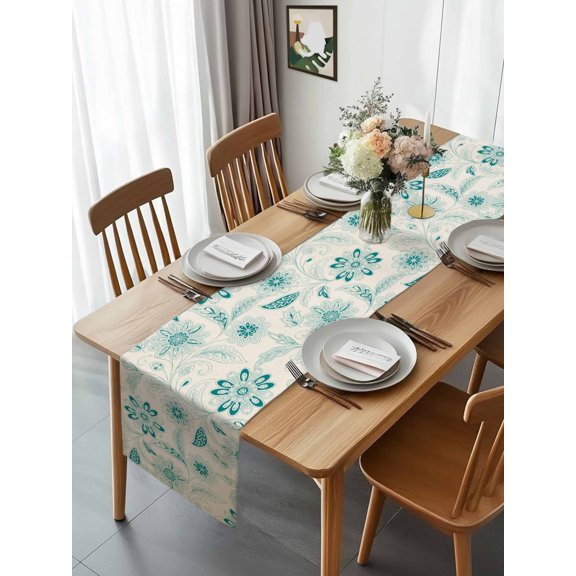 Abstract Ethnic Flower Texture Table Runner 13x70in Non-Slip Cotton Linen Table Runners, Teal Paisley Pattern on Linen Dresser Scarves TableRunner for Dinner Kitchen Dining Wedding Party