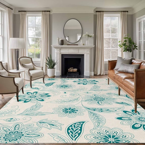 Abstract Ethnic Flower Washable Living Room Rugs 8'x10', Vintage Green Pattern Low Pile Throw Large Area Rug Non-Slip Sturdy Edge Binding Carpet for Bedroom Dining Room Office