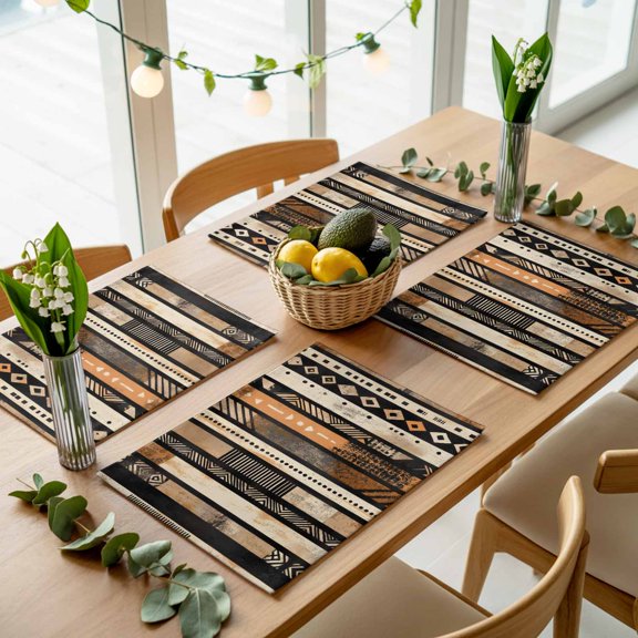 Abstract Ethnic Geometric Stripes Placemats Set of 4,Wipeable Washable Table Mats for Dining Tables, Boho Tribal Totem Lines Place Mats for Kitchen Event Party Tabletop Decor