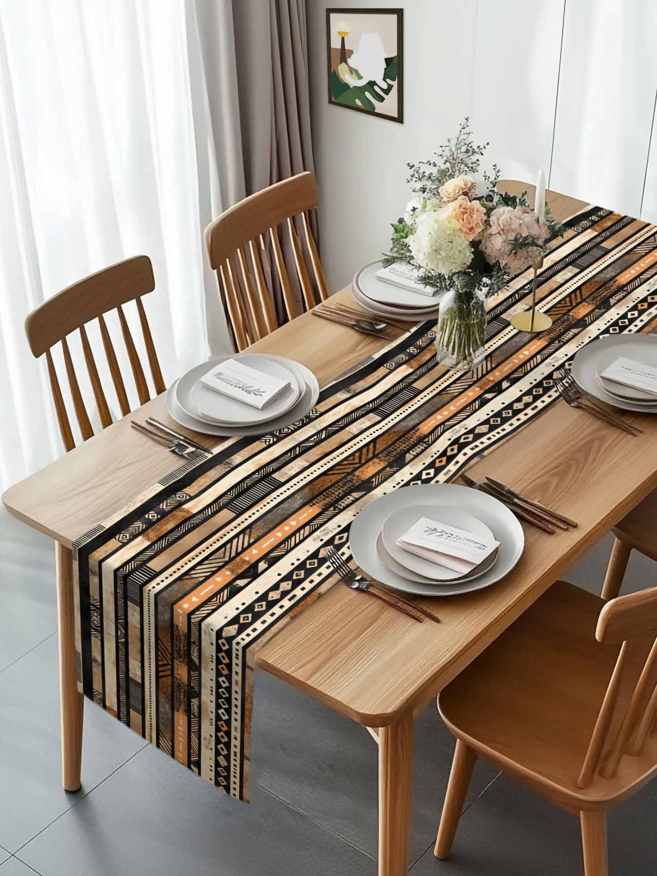 Abstract Ethnic Geometric Stripes Table Runner 90 Inches Long, Boho Tribal Totem Lines Table Runners Tabletop Scarf Kitchen Dining Tables Decoration for Home Party Indoor Outdoor