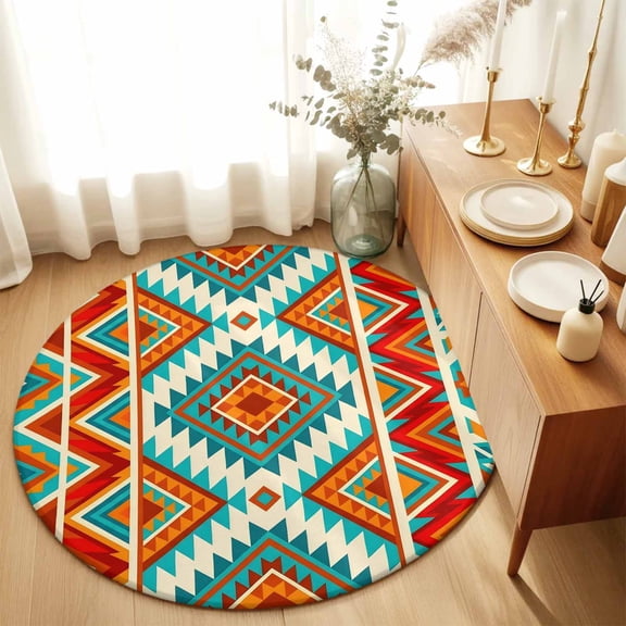 Abstract Ethnic Geometric Texture Round Rug 3ft Tribal Retro Herringbone Art Washable Area Rugs for Living Room Bedroom Entryway Non Slip Entrance Door Mat Indoor Floor Carpet