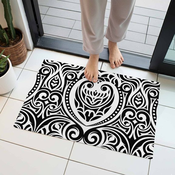 Abstract Ethnic Indoor Door Mat 16x24 Inch Bohemian Geometric Trible Black Floral Texture Front Door Mat Non Slip Washable Entryway Rug Low Profile Dirt Trapper Doormat for Bathroom Kitchen Bedroom