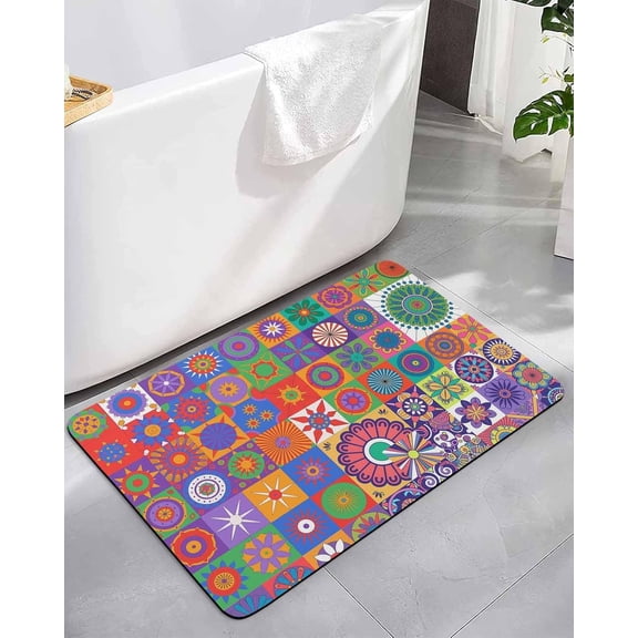 Abstract Ethnic Patchwork Bathroom Rug Diatomaceous Earth Bath Mat,Absorbent Shower Mat Non-Slip Doormat for Kitchen Bedroom, Boho Indian Geometric Flower Diatomite Stone Mats 16x24in