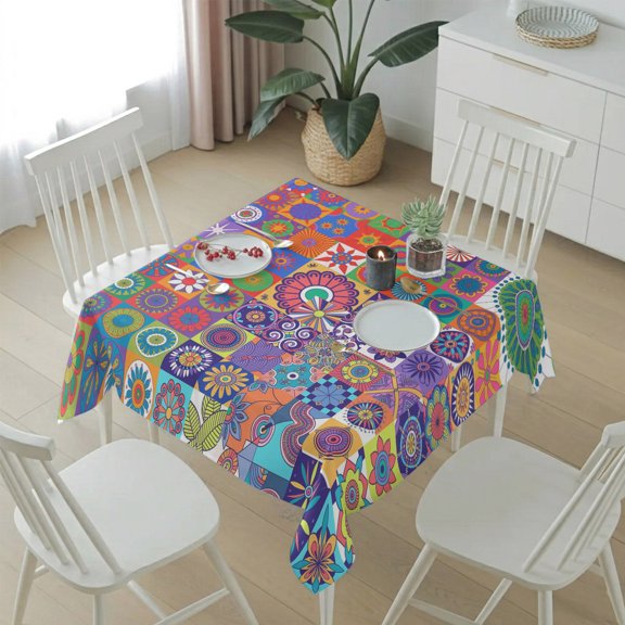 Abstract Ethnic Patchwork Table Cloth 54x54in, Waterproof Square Tablecloth Wipeable Tablecloths Boho Indian Geometric Flower Table Covers for Dining Tables Party Indoor Outdoor