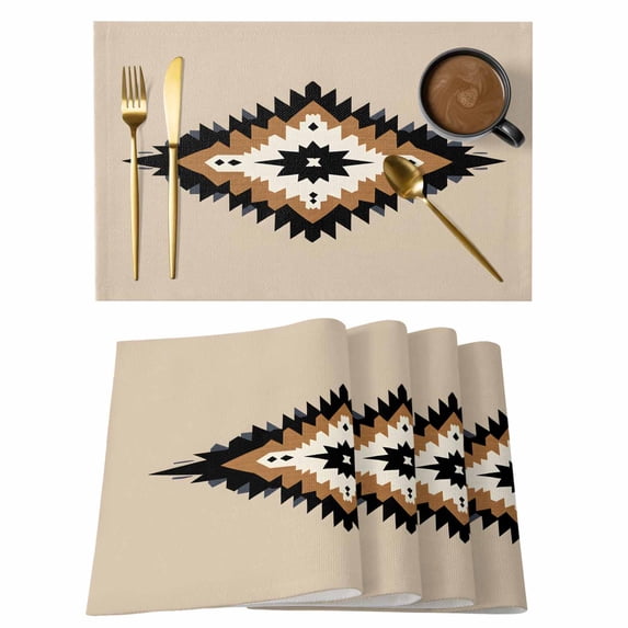 Abstract Ethnic Placemats Set of 4, Vintage Brown Black Bohemian Pattern Non-Slip Place Mats Washable Table Mats for Kitchen Dining Table Decorations Indoor/Outdoor