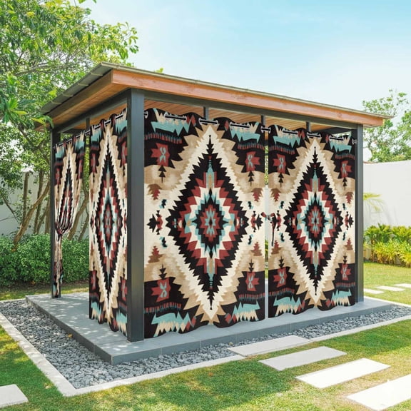 Abstract Ethnic Style Art Outdoor Curtains for Patio Waterproof, Retro Brown Green Weaving Pattern Grommet Curtains for Porch Outside Privacy Drape for Gazebo Garden Pergola, 2 Panels, 54x108in