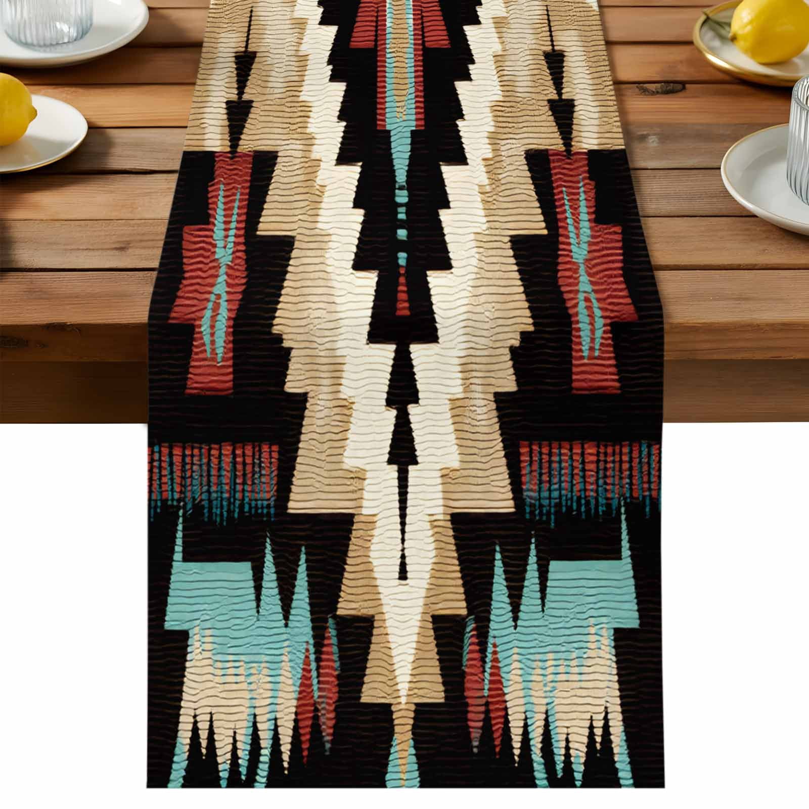 Abstract Ethnic Style Art Table Runner, Retro Brown Green Weaving ...