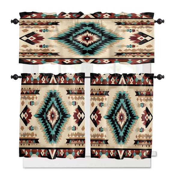 Abstract Ethnic Style Kitchen Curtains and Valances Set, Retro Brown Red Weaving Pattern Rod Pocket Window Valance 18 Inch Window Curtain Panels for Living Room Bedroom Laundry, 27.5x24in, 3 Pieces