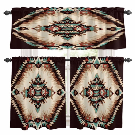 Abstract Ethnic Style Pattern Kitchen Curtains Valances and Tiers Set of 3 Retro Green Brown Weaving Art Tier Curtains and Valance with Rod Pocket for Small Windows, 27.5"x24"