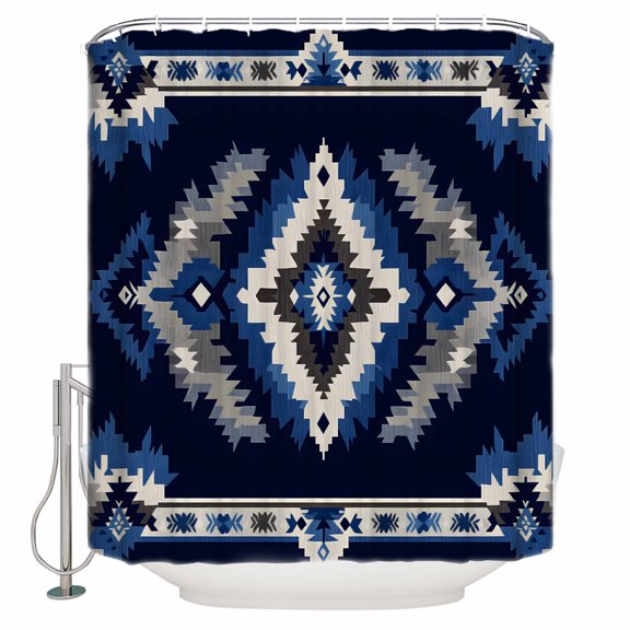 Abstract Ethnic Style Pattern Shower Curtain, 60" x 72", Retro Blue White Weaving Art Waterproof Bathroom Curtain Washable Shower Curtain Set with 12 Hooks