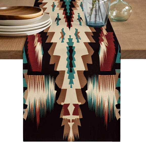 Abstract Ethnic Style Pattern Table Runner, Retro Brown Red Weaving Art Cotton Linen Kitchen Table Decoration Washable Dining Tabletop Runners for Home Party Decor 13x36 Inches