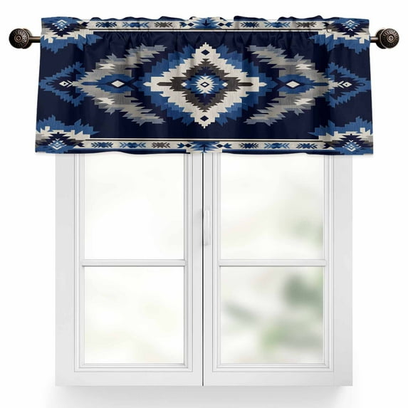 Abstract Ethnic Style Pattern Valances for Windows, 54 x 18in, Retro Blue White Weaving Art Rod Pocket Kitchen Valance Curtain Light Filtering Window Treatments for Living Room Bedroom, 1 Panel