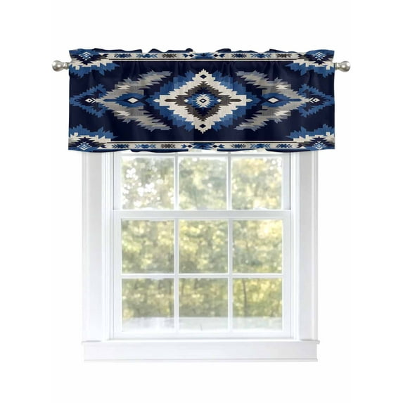 Abstract Ethnic Style Pattern Valances for Windows Retro Blue White Weaving Art Kitchen Valance Curtain Rod Pocket Small Curtains for Cafe Bathroom Laundry Basement 42" x 12"