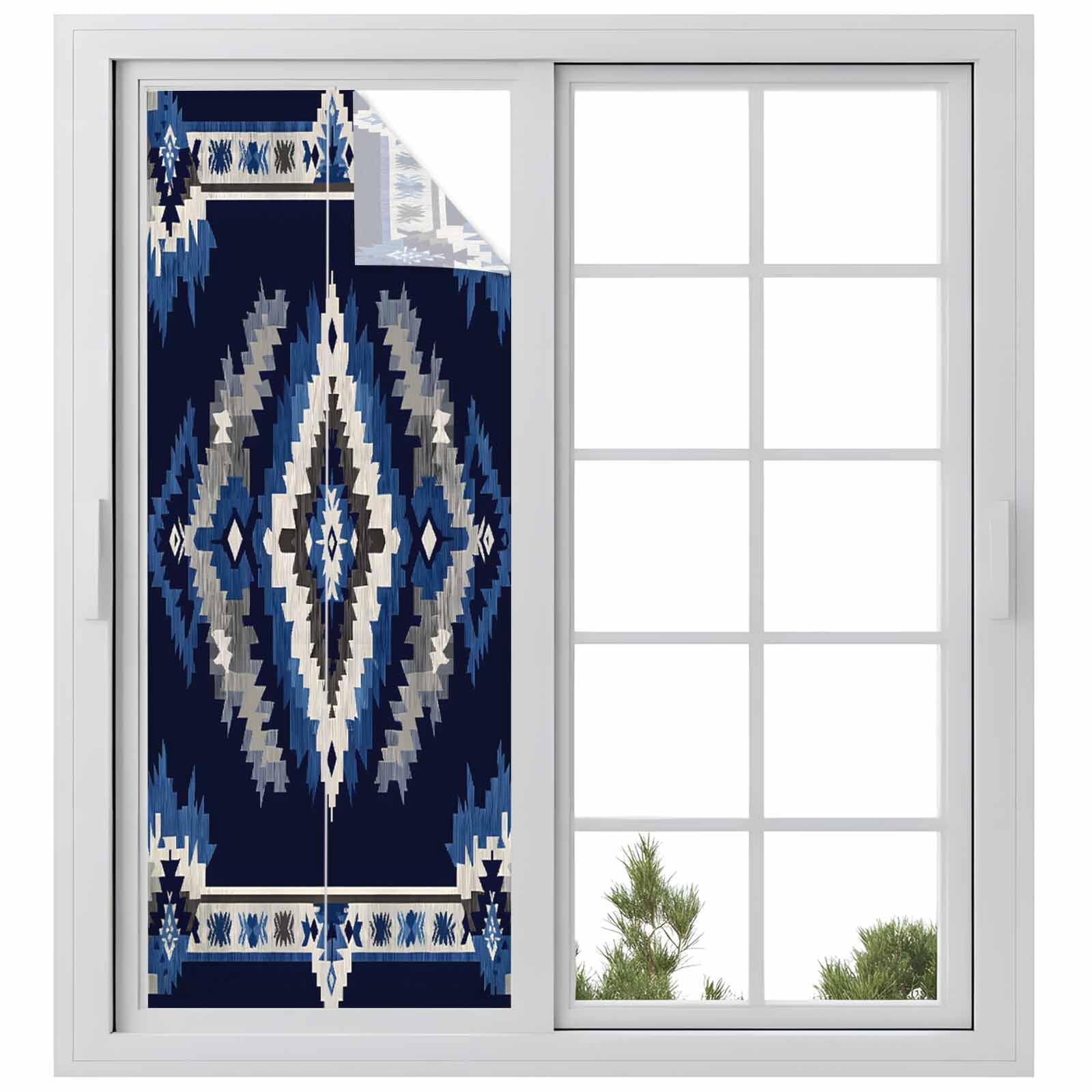 Abstract Ethnic Style Pattern Window Privacy Film Retro Blue White ...