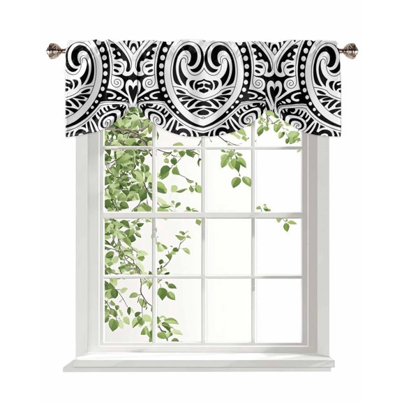 Abstract Ethnic Tie Up Valances Curtain, Adjustable Kitchen Boho Geometric Trible Black Floral Texture Valances for Windows Decor, Rod Pocket Short Curtains Set for Bedroom/Bathroom, 42"x12"