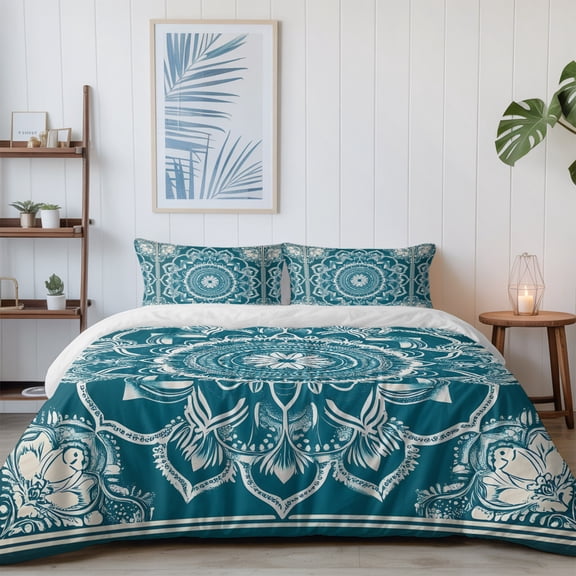 Abstract Ethnic Tribal Flower California King Size Bed Set,Retro Teal White Floral Texture 4 Pcs Bedding Set with 1 Quiltcover (96"x104"),1 Sheet (110"x98"),2 Pillowcases (20"x36")