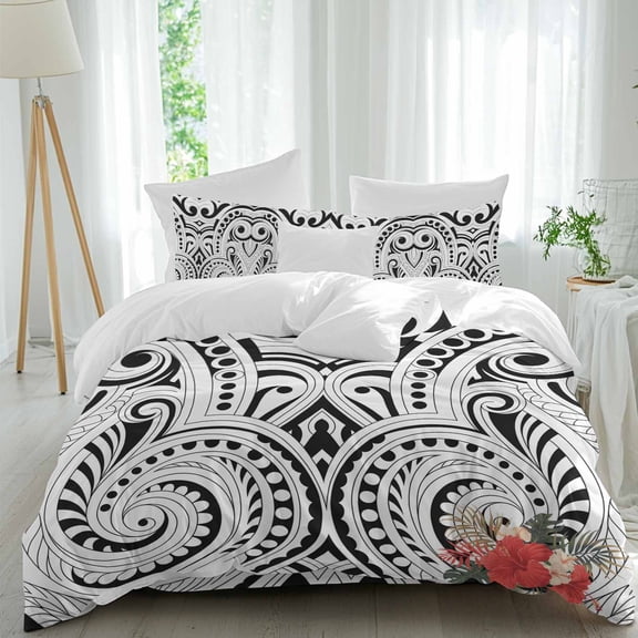 Abstract Ethnic Twin Size Comforter Set, Bohemian Geometric Floral Texture Red Hibiscus Bedding for All Seasons, 4 Pcs Bed Set, 1 Quiltcover (68"x86") ,1Sheet(67"x116"), 2Pillowcases (30"x20")