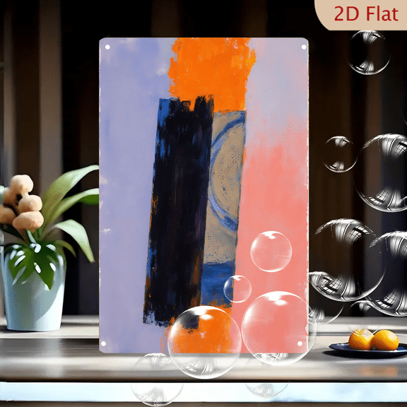 Abstract Expressionism Wall Art, 8x12 Inch Metal Print, Bold Navy Orange Blue Beige with Vibrant Brushstrokes and Raw Canvas Edges for Modern Living Room Decor