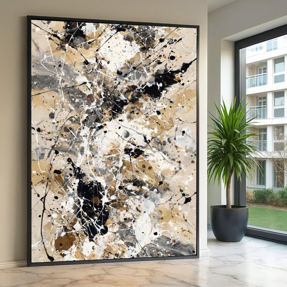 Abstract Expressionist Modern Splatter Art Beige Black White Contemporary Home