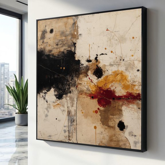 Abstract Expressionist Wall Art Black And Red Splash Design Modern Rustic Contemporary Home Decor