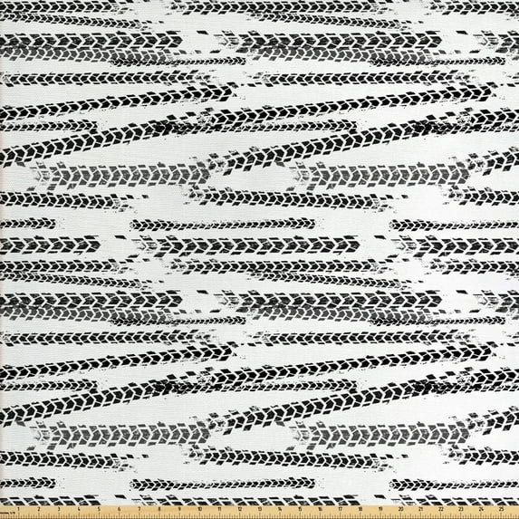 Ambesonne Abstract Fabric by the Yard Upholstery, Grunge Theme Tire Tracks, 5 Yards, White and Charcoal Grey