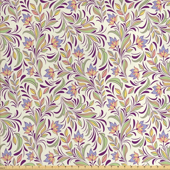 Abstract Fabric by the Yard, Bouquet of Lilacs and Violets Flourishing Spring Nature Flowers, Decorative Upholstery Fabric for Sofas and Home Accents, Pale Green Lavender by Ambesonne