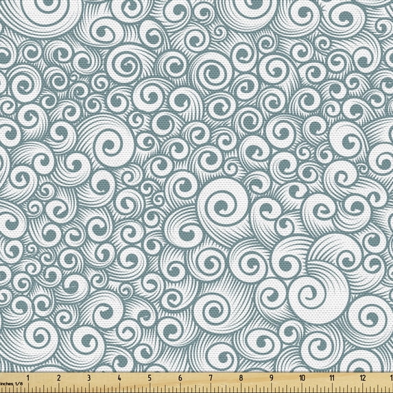 Ambesonne Abstract Fabric by the Yard Upholstery, Chaotic Curl Swirl Strokes, 1 Yard, Blue Grey Pale Blue