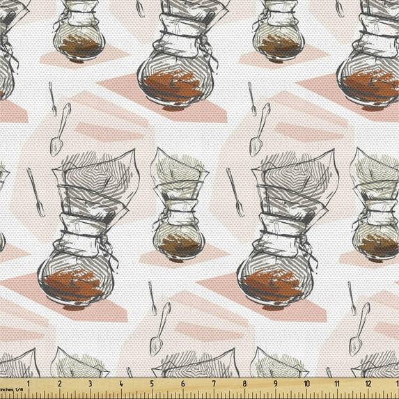 Ambesonne Abstract Fabric by the Yard Upholstery, Coffee Maker and Spoons, 1 Yard, Multicolor