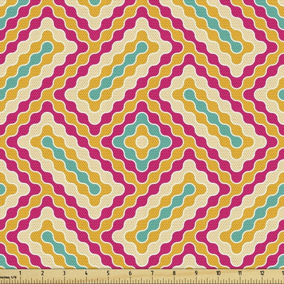 Abstract Fabric by the Yard, Colorful Tones Ruffled Edges Pop Art Style Pattern Retro Themed Print, Decorative Upholstery Fabric for Chairs & Home Accents, Magenta and Multicolor by Ambesonne