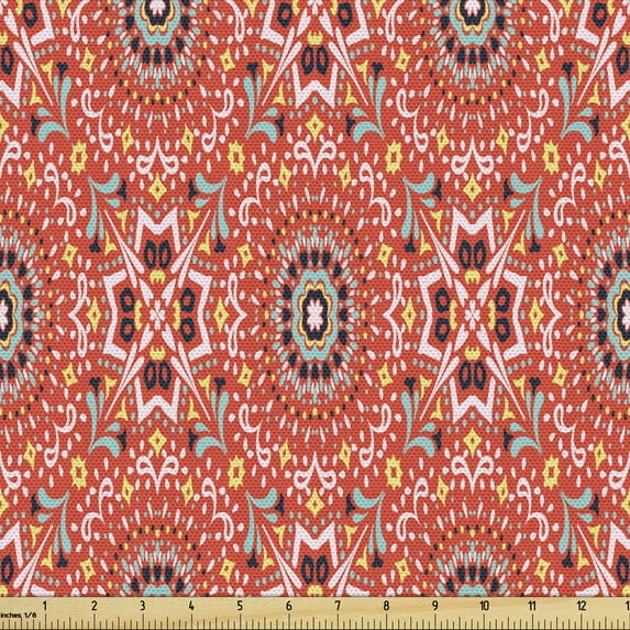 Abstract Fabric by the Yard, Ethnic Pattern Mosaic Tile Lile Colorful Motifs Illustration Art, Decorative Upholstery Fabric for Chairs & Home Accents, Burnt Sienna and Multicolor by Ambesonne