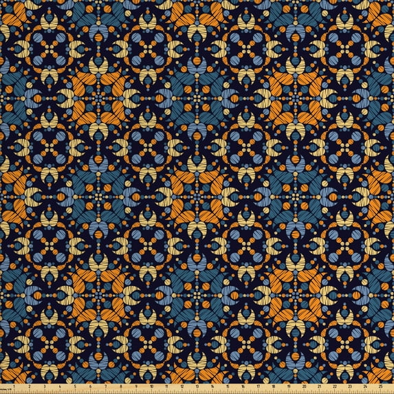 Abstract Fabric by the Yard, Folk Motif Repetition of Bohemian Shapes Hatched Style Art Pattern, Decorative Upholstery Fabric for Chairs & Home Accents, Indigo and Multicolor by Ambesonne