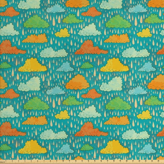 Ambesonne Cartoon Fabric by the Yard Upholstery, Puffy Clouds Funk Art, 3 Yards, Multicolor