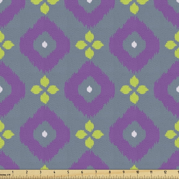 Abstract Fabric by the Yard, Geometric Shapes Rhombus Diagonally Arranged Traditional Pattern, Decorative Upholstery Fabric for Chairs & Home Accents, Violet and Yellow Green by Ambesonne