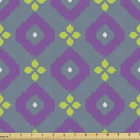 Abstract Fabric by the Yard, Geometric Shapes Rhombus Diagonally Arranged Traditional Pattern, Decorative Upholstery Fabric for Chairs & Home Accents, Violet and Yellow Green by Ambesonne