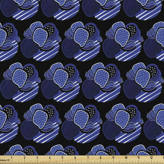 Abstract Fabric by the Yard, Graphic Illustrated Geometric Ornamental Succulent Plants in Gloomy Tones, Decorative Upholstery Fabric for Chairs & Home Accents, Black and Indigo by Ambesonne