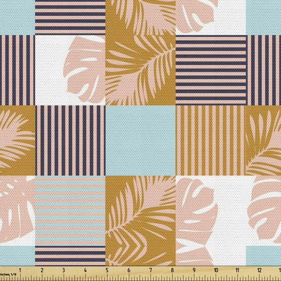 Ambesonne Abstract Fabric by the Yard Upholstery, Palm Leaves and Stripes, 2 Yards, Multicolor