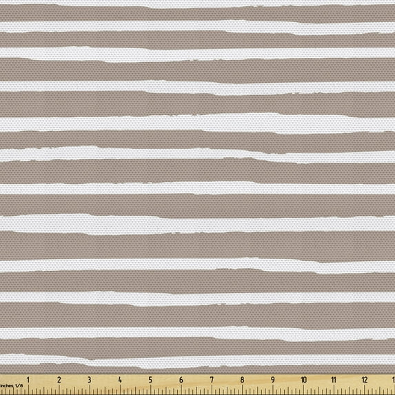 Ambesonne Abstract Fabric by the Yard Upholstery, Horizontal Brushed Stripes, 2 Yards, Warm Taupe and White