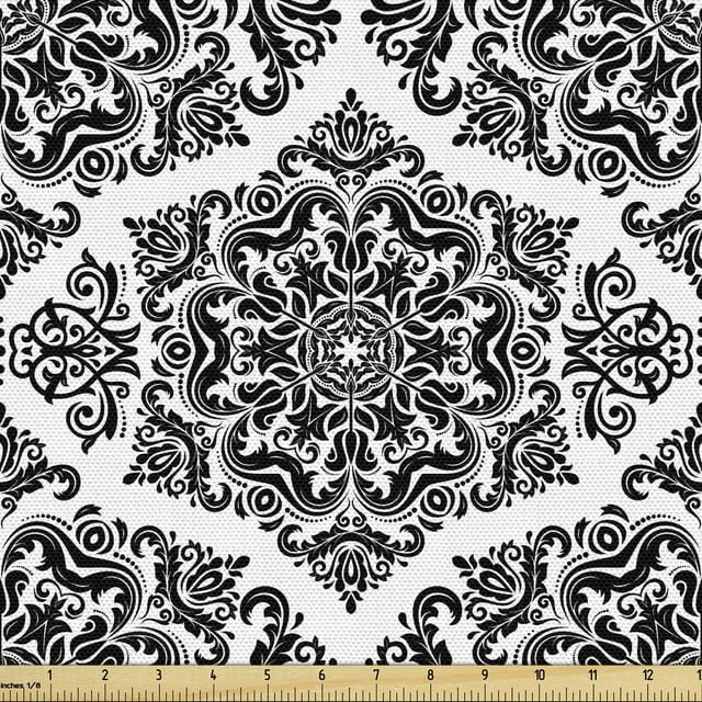Abstract Fabric by the Yard, Monochrome Damask Style Motif Pattern on Plain Background, Decorative Upholstery Fabric for Sofas and Home Accents, White and Charcoal Grey by Ambesonne