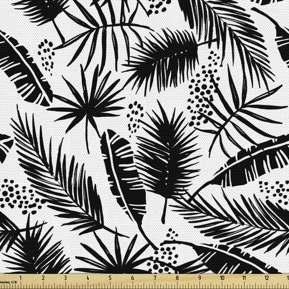 Abstract Fabric by the Yard, Monochrome Tropical Palm Leaves Banana Plant Areka Frond Pattern, Upholstery Fabric for Dining Chairs Home Decor Accents, Charcoal Grey and White by Ambesonne