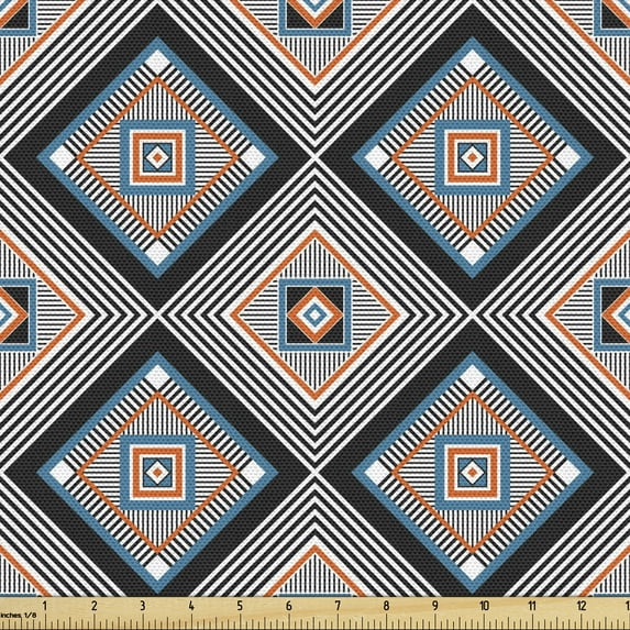 Ambesonne Abstract Fabric by the Yard Upholstery, Nested Geometric Shapes, 3 Yards, Indigo Salmon