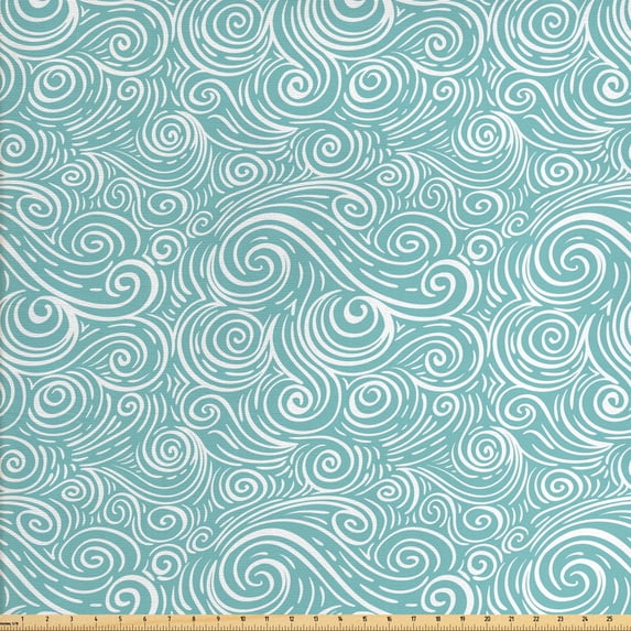 Ambesonne Abstract Fabric by the Yard Upholstery, Ocean Waves Curls, 2 Yards, Pale Blue and White