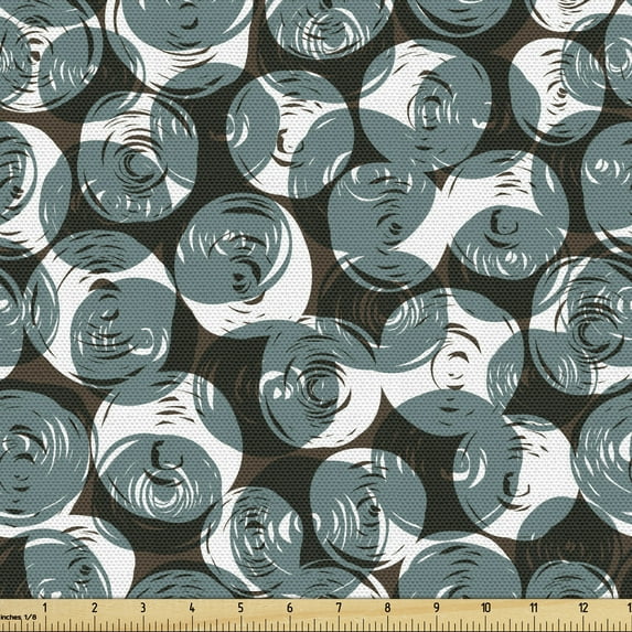 Ambesonne Abstract Fabric by the Yard Upholstery, Swirl Circle Sketch Art, 1 Yard, Grey Teal and Dark Taupe