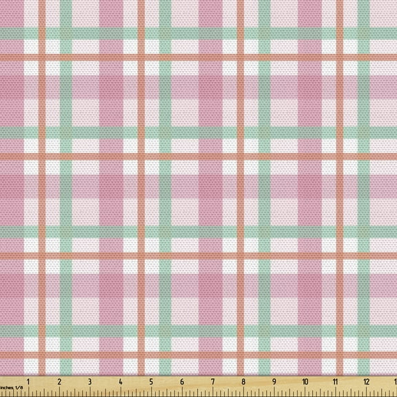 Abstract Fabric by the Yard, Pastel Colored Checkered Tartan Pattern with Geometric Stripes Print, Decorative Upholstery Fabric for Sofas and Home Accents, Mint Salmon Pale Pink by Ambesonne