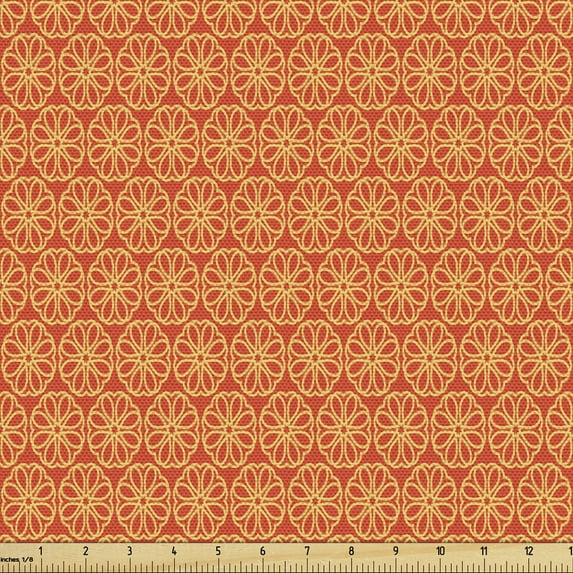 Abstract Fabric by the Yard, Print of Japanese Inspired Ornaments Blossoming Sakura Flowers, Decorative Upholstery Fabric for Chairs & Home Accents, Vermilion and Mustard by Ambesonne