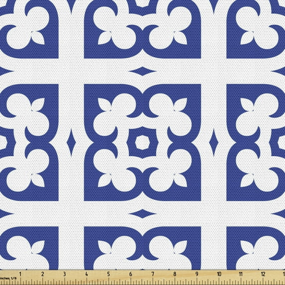 Ambesonne Abstract Fabric by the Yard Upholstery, Art Deco Inspired, 2 Yards, Persian Blue and White