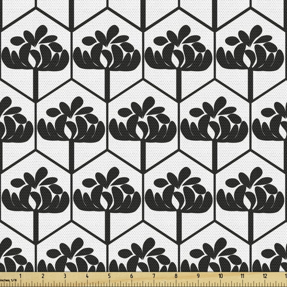 Abstract Fabric by the Yard, Repetitive Monochrome Pattern with Leafy Plant Motif in Hexagons, Upholstery Fabric for Dining Chairs Home Decor Accents, Charcoal Grey and White by Ambesonne