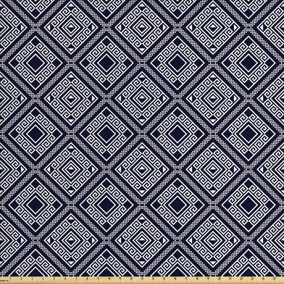 Abstract Fabric by the Yard, Rhythmic Illustration of Classic Rome Inspired Bicolor Design Pattern, Decorative Upholstery Fabric for Sofas and Home Accents, Dark Violet Blue White by Ambesonne