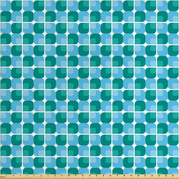 Abstract Fabric by the Yard, Round Square in Bicolor Flower Inspired, Upholstery Fabric for Dining Chairs Home Decor Accents, Deep Sky Blue Teal by Ambesonne